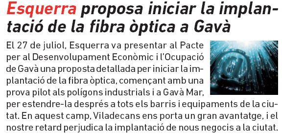 Notícia publicada a L'Eramprunyà sobre la proposta d'ERC de Gavà d'instal·lar fibra òptica a Gavà especialment als polígons industrials i a Gavà Mar (Setembre de 2010 - Número 85)